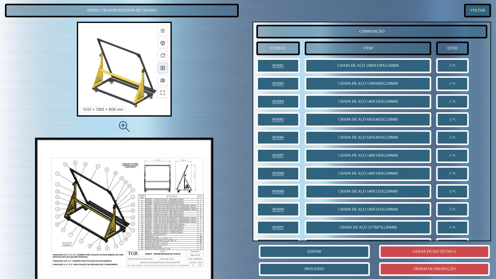 Tela de um item no Indeview com modelo 3D, desenho em PDF e lista de composição